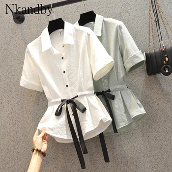 

Plus Size Waist Banding Women`s Tops Shirts 2020 Summer Stylish Loose Short Sleeve Korean Style Ladies Blouse Oversized Tunics