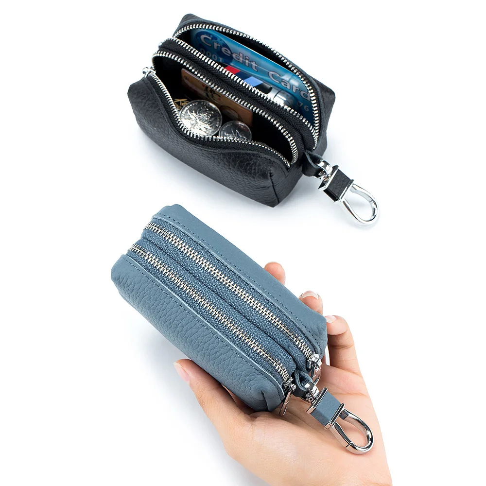 Made of Genuine Leather Car Key Wallets Fashion Key Holder Housekeeper Keys Organizer Double Zipper Keychain Case Key Coin Pouch