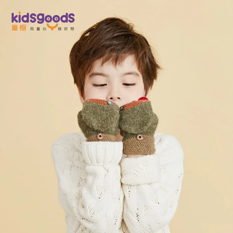 

19-Children Knitted Flip Gloves Autumn & Winter Travel Antifreeze Fingerless Homework Warm Contrast Color Half-finger Gloves