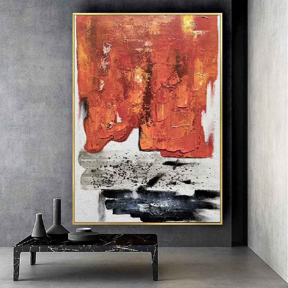 

Modern Aesthetic Thick Oil Texture Scraper rock Wall Painting Hand-painted orange red Canvas Oil Painting for Living Room Decor