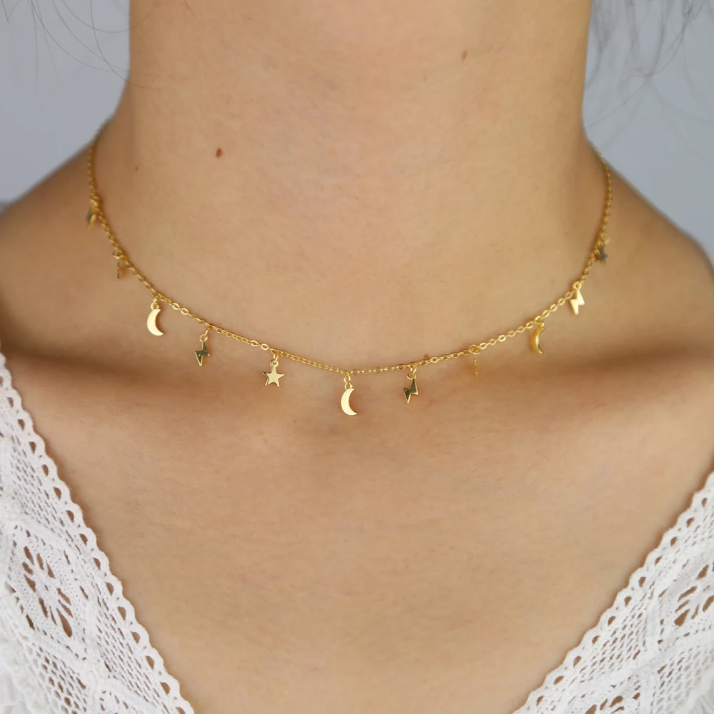 Real 925 Sterling silver gold filled vermeil jewelry minimal delicate mini moon star light bolt charm choker necklace jewelry