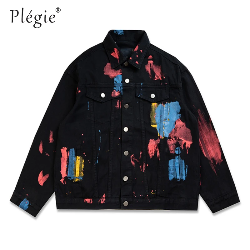 black Denim Jackets Джинсовые куртки Plegie в стиле хип-хоп с чернильным принтом граффити, уличная одежда, мужские хипстерские повседневные джинсовые пальто в стиле панк-рок, мужская верхняя одежда, топы унисекс - Цвет: black Denim Jackets