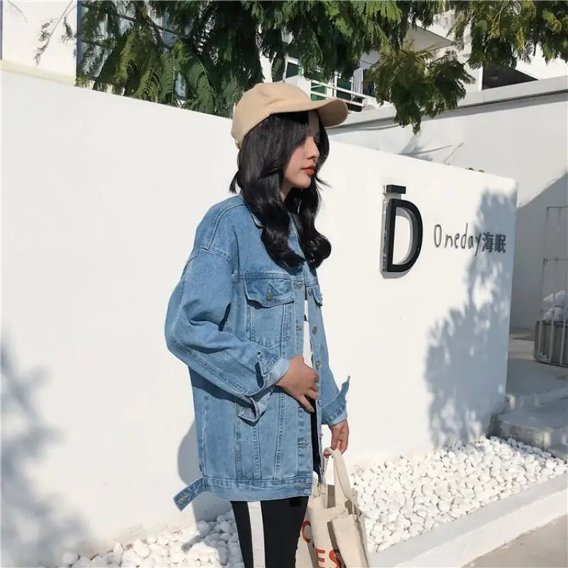 New Solid Turn-down Collar Jean Jacket for Women Loose Casual Blue Fashionable Women Coats Female outwear Denim Feminine