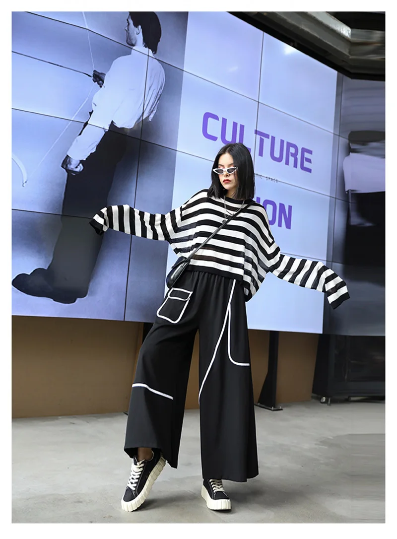 [EAM] High Elastic Waist Black Pocket Split Long Wide Leg Trousers New Loose Fit Pants Women Fashion Spring Autumn 2020 1X812