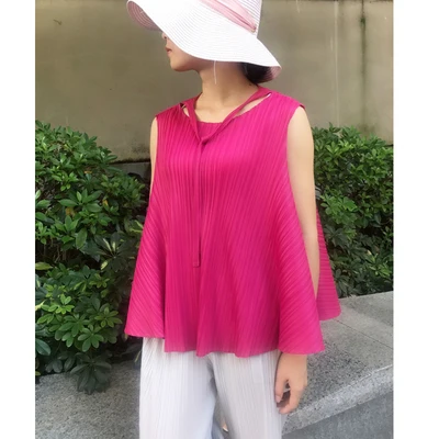 rose red Miyake сплошной цвет без рукавов модные складные свободные Асимметричные футболки с бантом - Цвет: rose red
