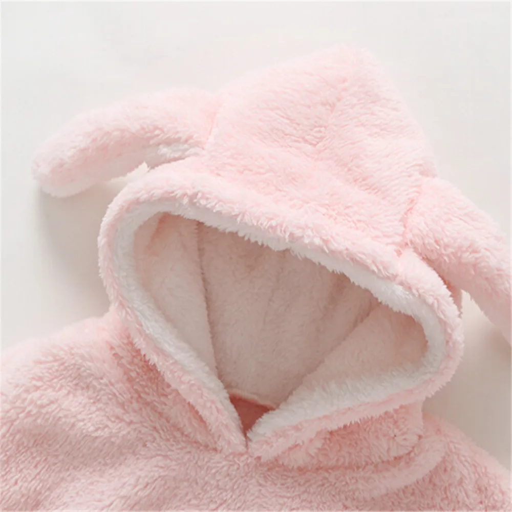 Cute Kids Baby Boys Girls Clothes Long Sleeve Velvet Rabbit Ears Hoodied Bodysuit Autumn Winter Warm Casual Outfits