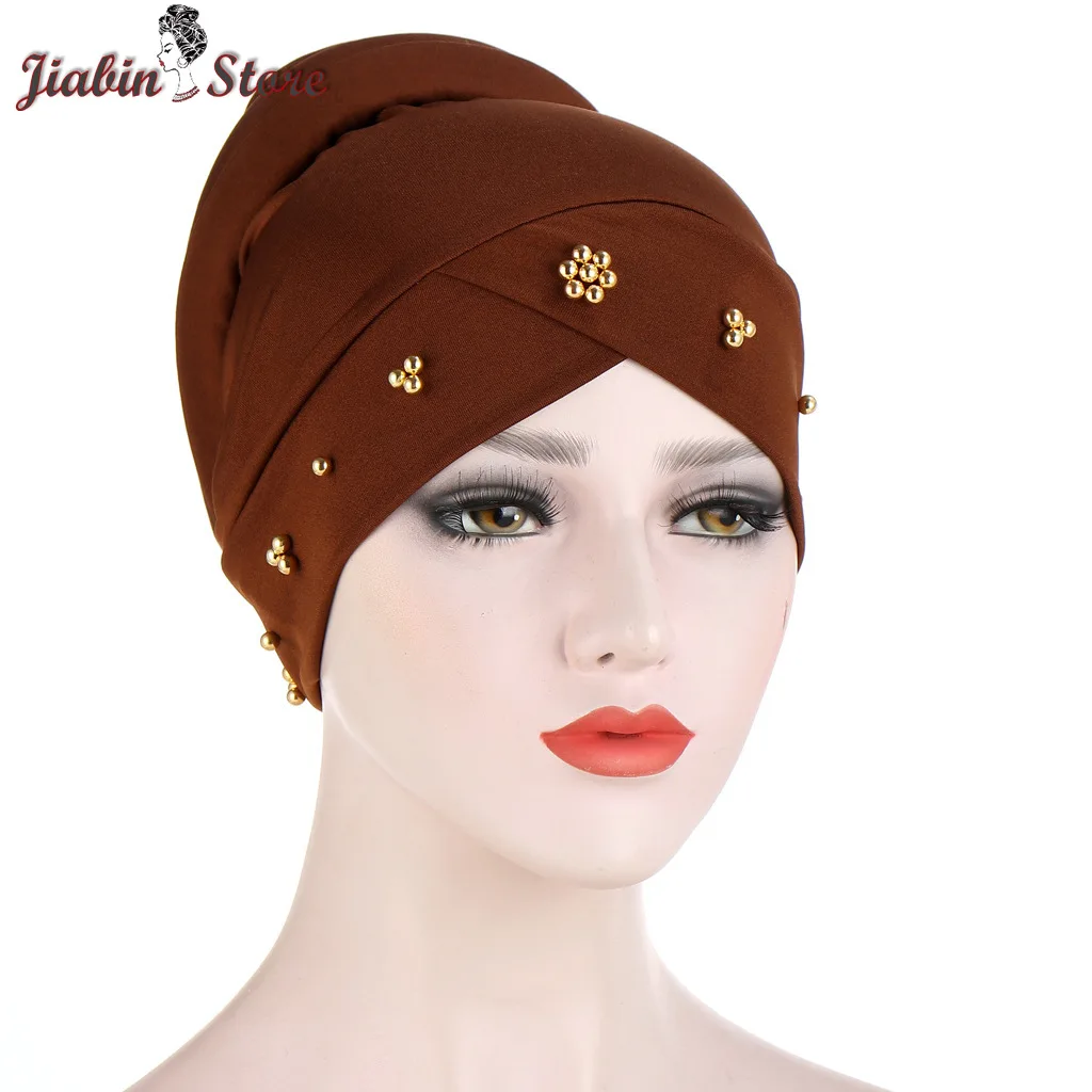 

Muslim Women Stretchy Bead Cross Silky Sponge Turban Hat Cancer Chemo Beanies Cap Headwear Wrap Plated Hair Cover Accessories
