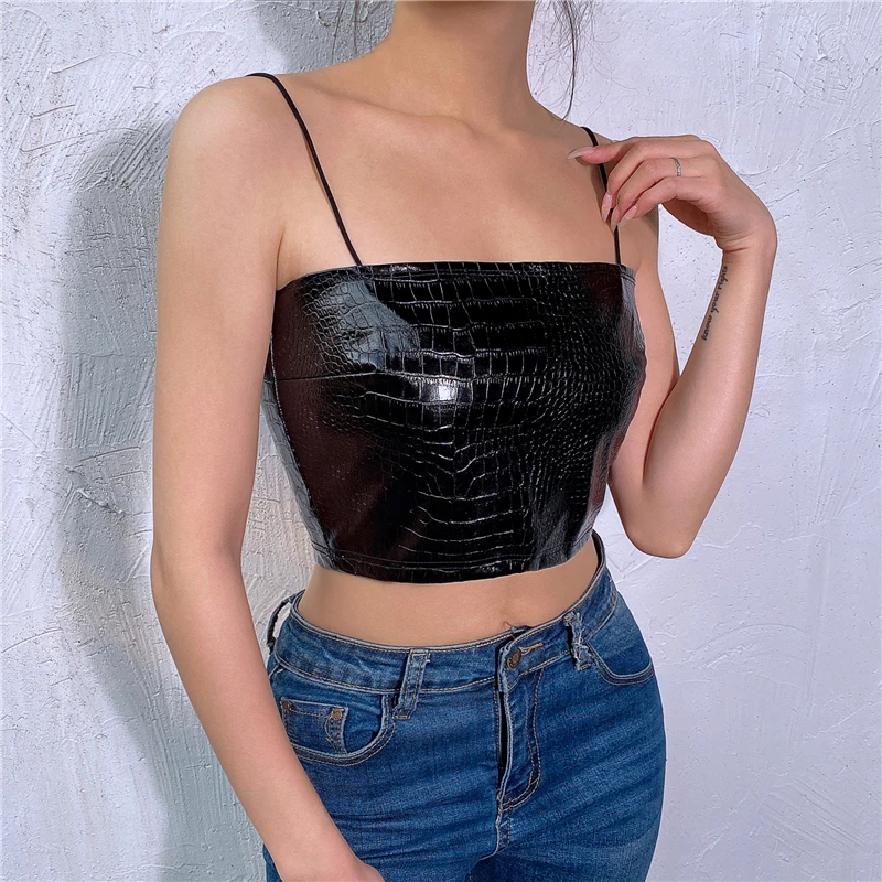 IAMHOTTY/черная сексуальная майка из искусственной кожи с открытой спиной, с открытыми плечами, короткая женская майка, спагетти, Srtap, вечерние клубный кроп-топ