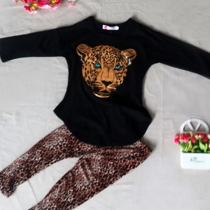 Леопардовая детская одежда для больших девочек футболка с длинными рукавами и 3D принтом животных, леггинсы комплект детской одежды из двух предметов, осенняя одежда для девочек - Цвет: Черный