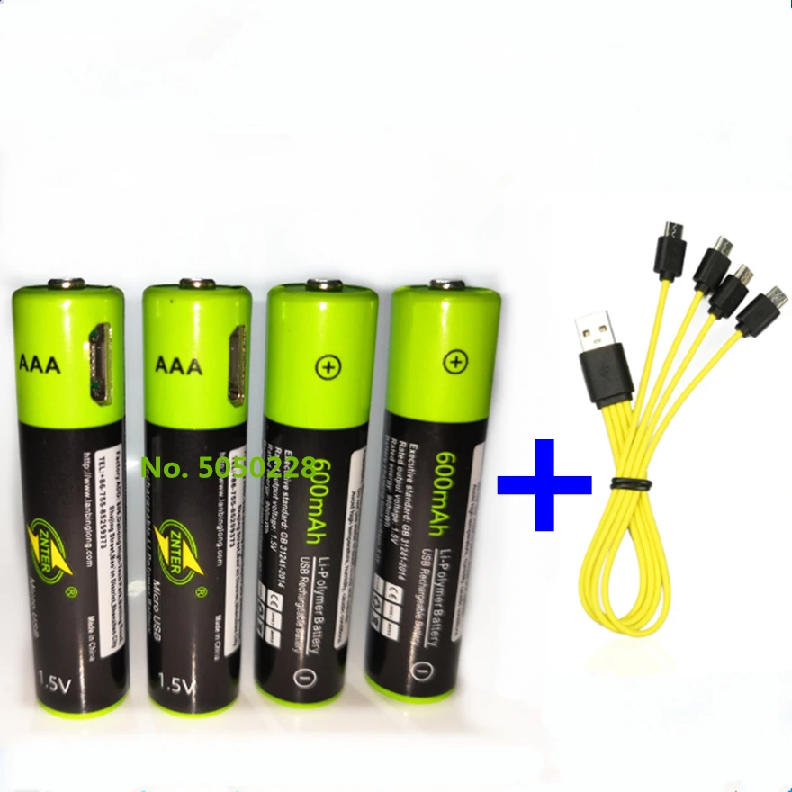 Горячая Распродажа ZNTER 1,5 V AAA перезаряжаемая батарея 600mAh USB перезаряжаемая литий-полимерная батарея Быстрая зарядка через Micro USB кабель