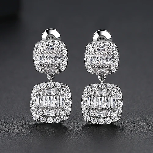 LUOTEEMI Trendy Square Clear Cubic Zirconia Drop Earrings for Women Girls Wedding Party Classic Dangle Earrings Fashion Jewelry - Окраска металла: Родиевое покрытие