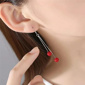 

925 Silver Color Tassel Pearl Earrings for Women Long Dangle Statement Gemstone Red Topaz Bizuteria Garnet Drop Diamond Earring