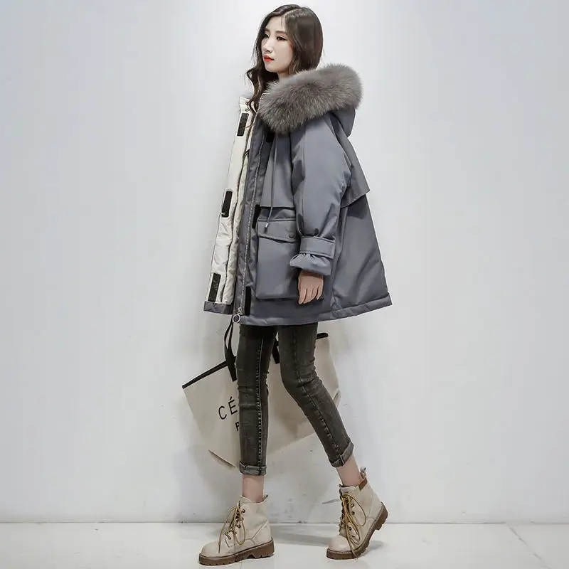 Fitaylor chaqueta de invierno con capucha de piel de zorro Natural grande para mujer 90% de pato blanco Parkas gruesas abrigo de - Цвет: Серый