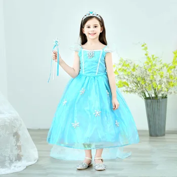 

Girls Elsa Dress Cosplay Costume Fantasy Short Sleeve Snow Queen Princess Dresses with Cloak Crown Magic Wand for Girl C44752CH