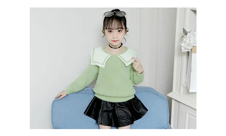 Autumn Winter Girls Cashmere Wool Sweater Female Children's Worsted Wool Sweater Kids Crew Neck Knit Top Orange Green Beige