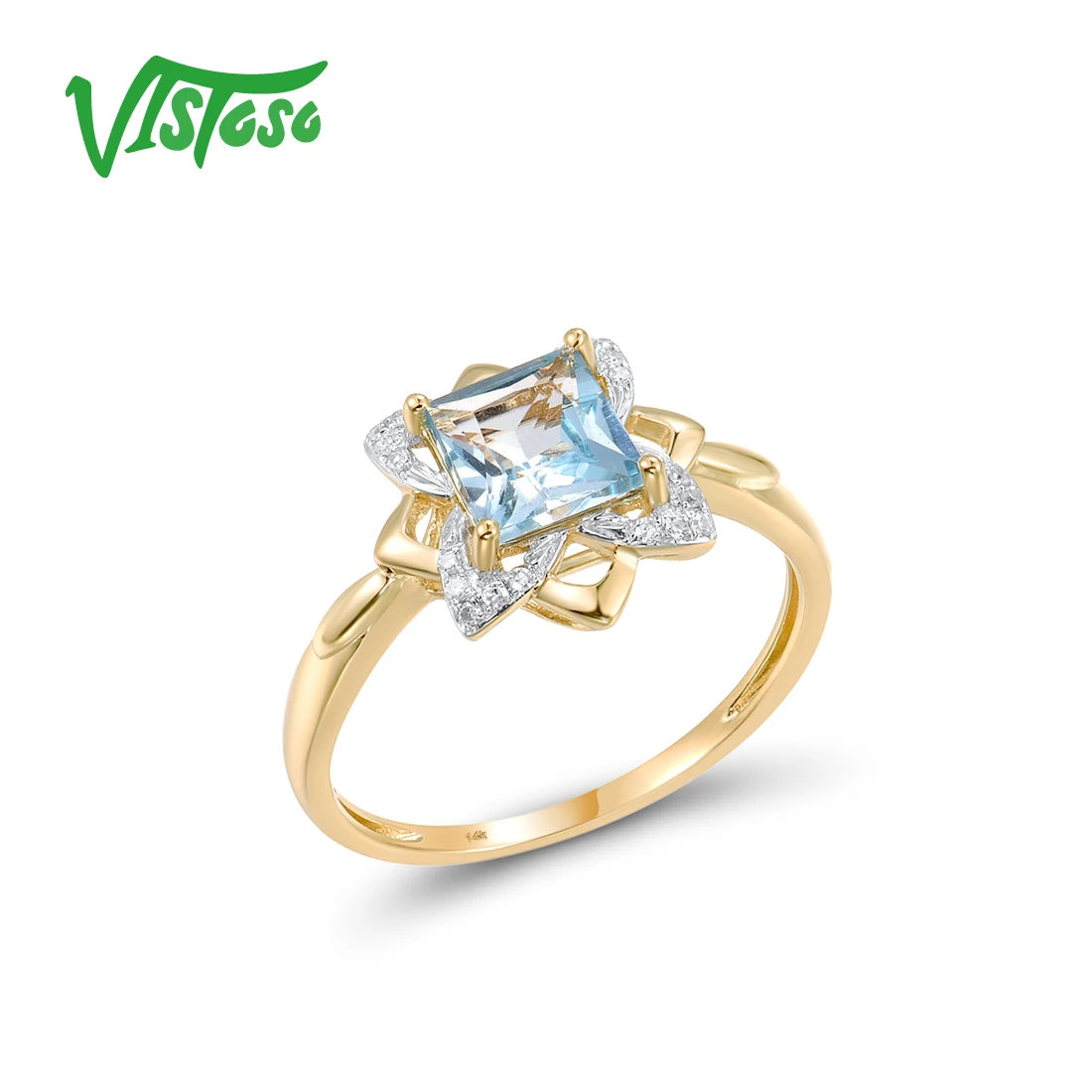 

VISTOSO Genuine 14K 585 Yellow Gold Rings For Women Sparkling Square Blue Topaz Diamond Classic Rings Gorgeous Fine Jewelry