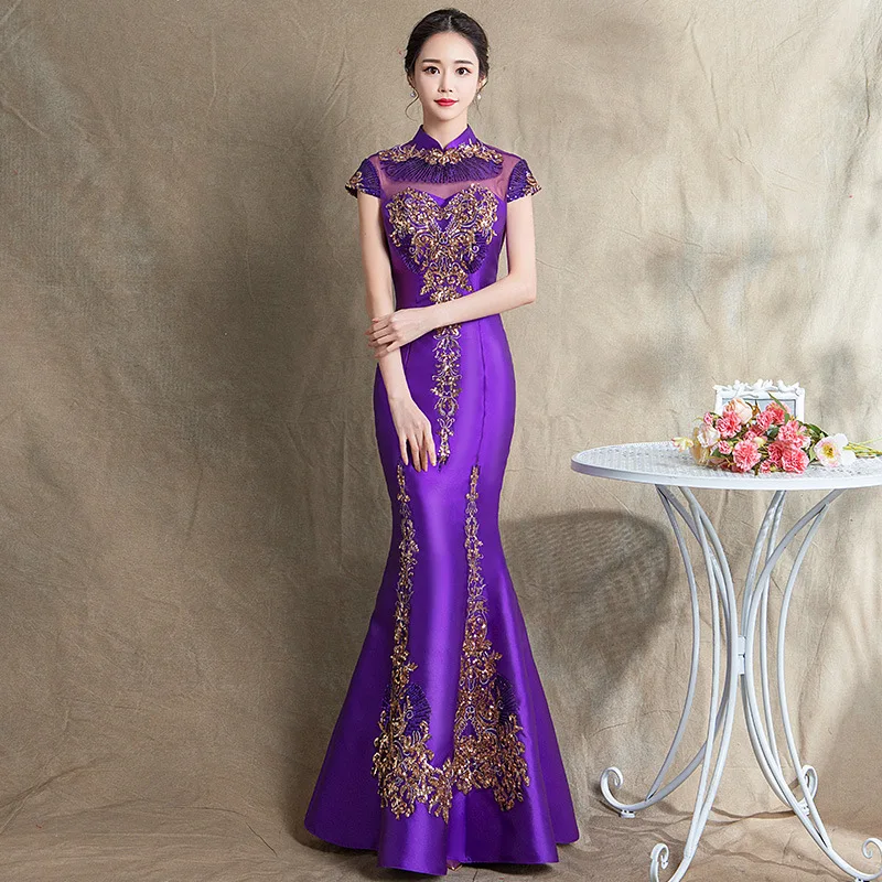 

Женское атласное платье-Ципао с блестками и цветами, размеры 3XL-5XL