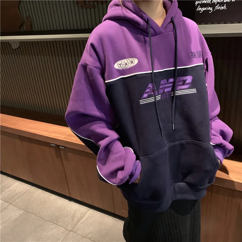 Фиолетовый Sweatshirt female cec Korean version of Harajuku hood bf lazy retro plus velvet thickening versatile net red mschf jacket tide - Цвет: Фиолетовый
