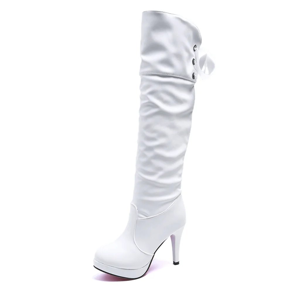 Botas altas de Invierno para mujer punta puntiaguda plataforma Super alto Talón de felpa catido talón Delgado casual rodilla bot - Цвет: White