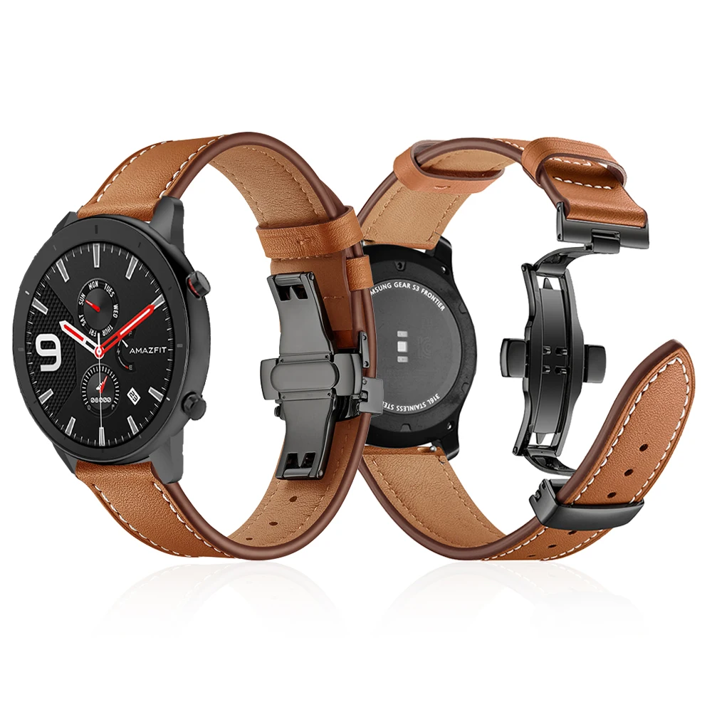 Butterfly clasp Leather Band for Xiaomi Huami Amazfit GTR 47mm 42mm Bracelet Strap for Huami Amazfit Bip lite/Stratos 2/Pace