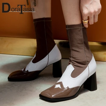 

DORATASIA Retro Lady Mixed Color Boots Brogue Fashion Brand Boots Women Square Toe Slip On High Heels Ankle Shoes Woman