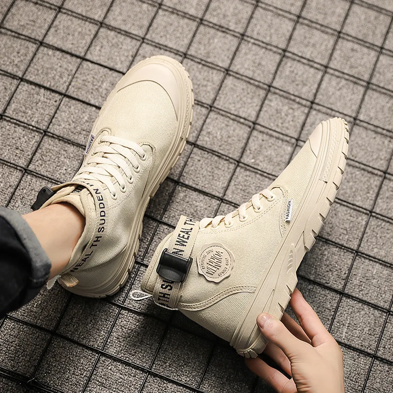 Beige - DC86 Г. Мужские ботинки Нескользящая парусиновая обувь с высоким берцем и круглым носком популярные удобные мужские осенние прочные рабочие ботинки на безопасной подошве - Цвет: Beige - DC86