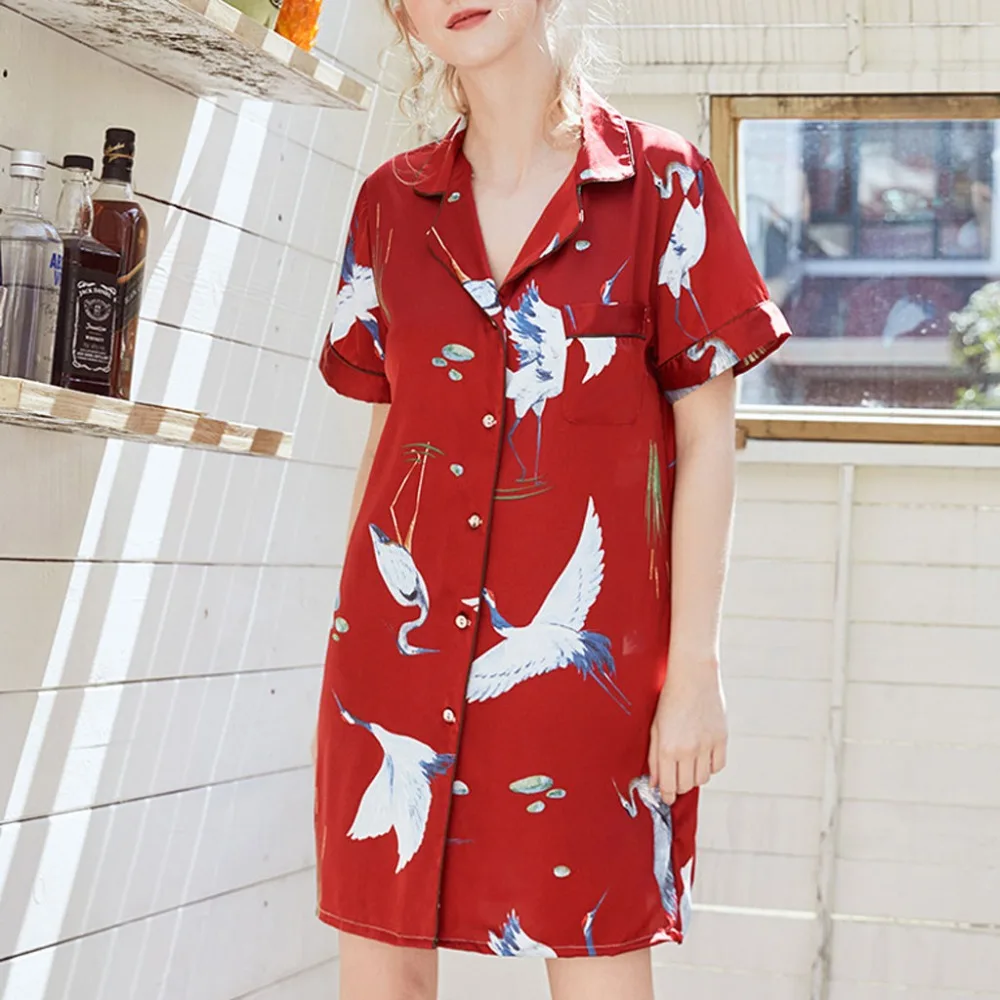 Женская Летняя короткая шелковая домашняя ночная рубашка с принтом, комплекты для сна с принтом, сексуальное женское платье для сна