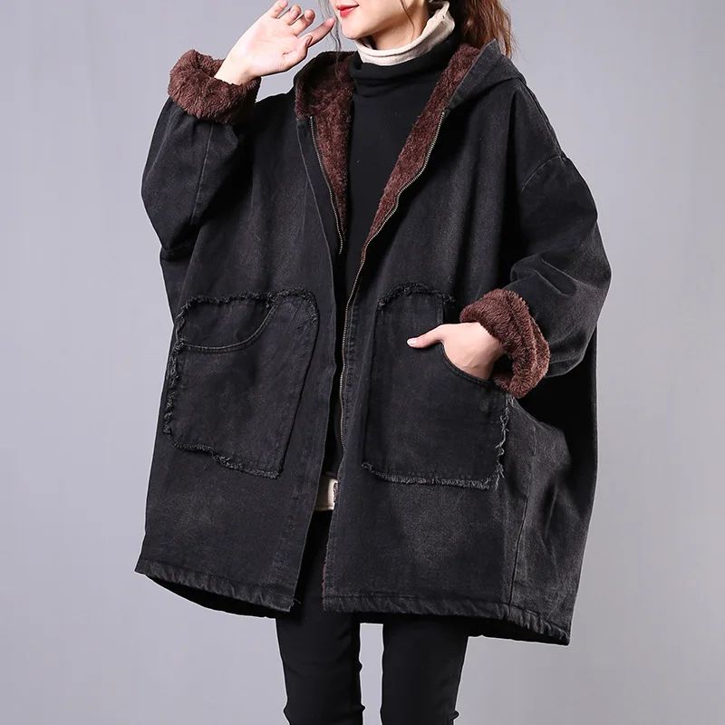 

Qi Juan Draw Winter New Style Korean-style Loose And Plus-sized Literature And Art Bat Sleeve plus Velvet Jeans Coat Women's Hoo
