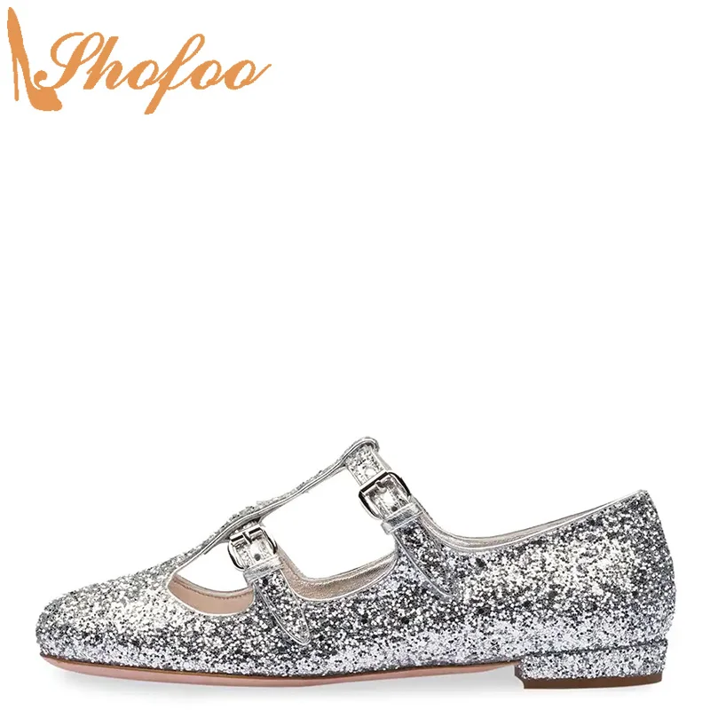 

Silver Sequined Cloth Ballet Flats Woman Round Toe Double Buckle Strap Shoes Large Size 11 15 Ladies Summer Fashion Party Shofoo