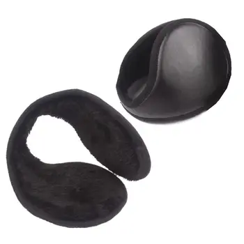 

Men Women Winter Faux Leather Earmuffs Foldable Thicken Plush Lining Black Outdoor Snow Skiing Middle-Aged Ear Warmers