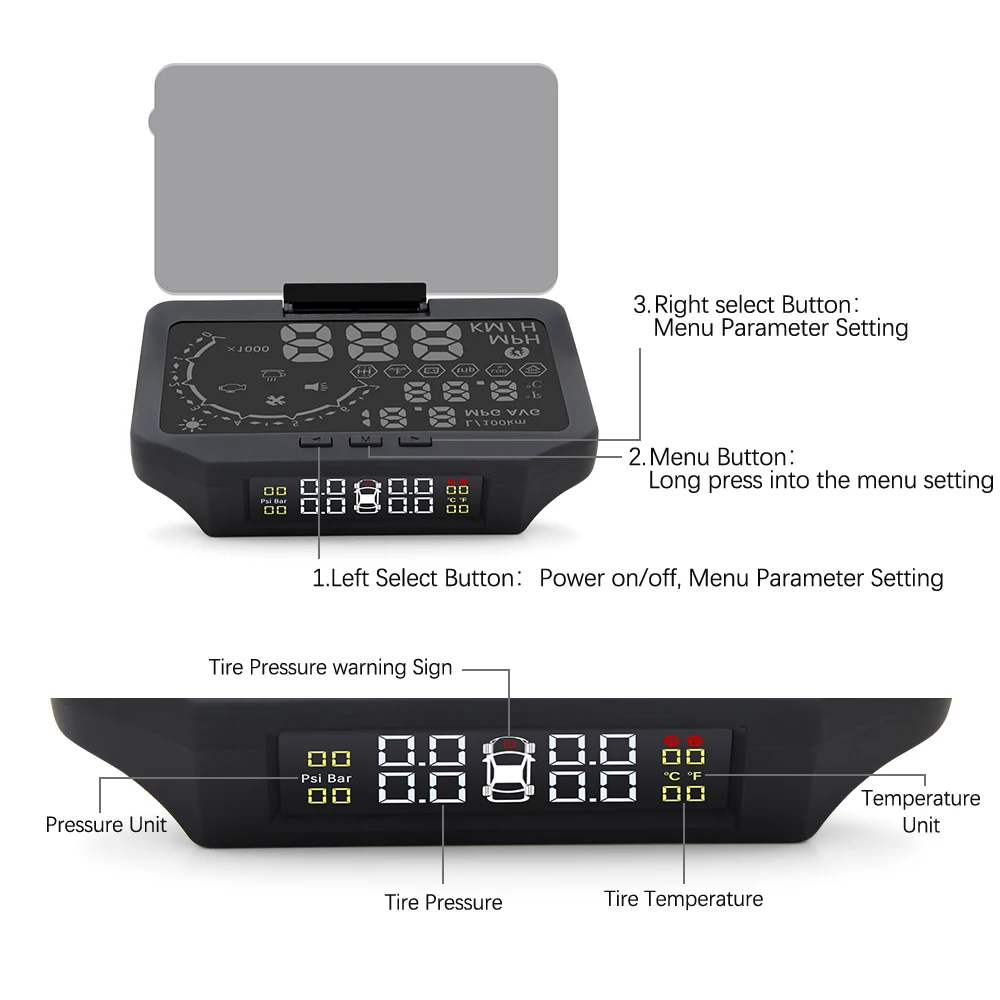 5," HUD автомобильный TPMS давление в шинах OBD 2 в 1 дисплей Автомобильный-Стайлинг Hud Предупреждение предупреждение о превышении скорости лобового стекла проектор сигнализация