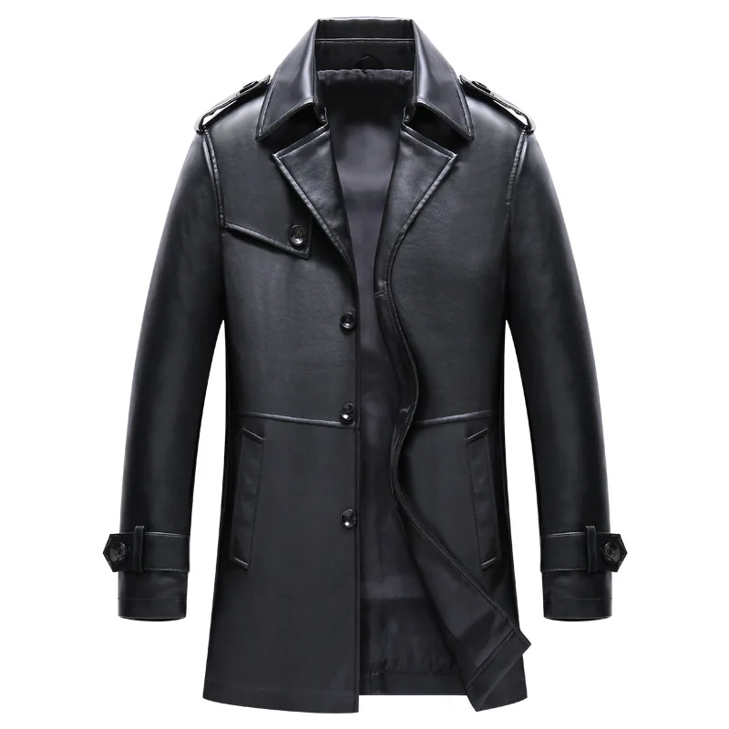 Black Осень новая повседневная длинная мужская кожаная куртка - Color: Black