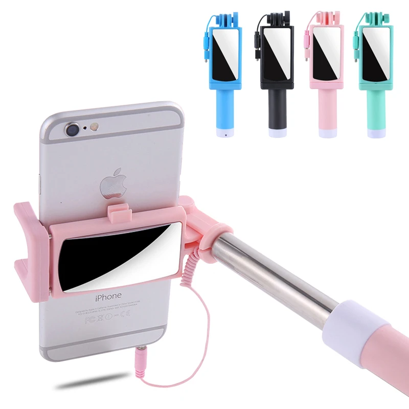 

4 Color Plastic Aluminium Alloy Selfie Stick with Mirror Handheld Phone Holder Extendable Cell Phone Monopod Stick Drop Shipping