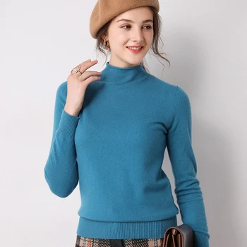 

Smpevrg pure wool knitted sweater women pullover long sleeve half high neck fit warn pullover women cashmere sweaters pull femme