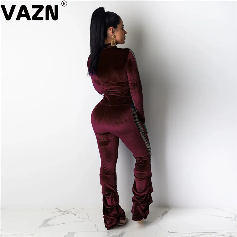 VAZN, новая мода, цветочный сексуальный женский цветной длинный комбинезон, полный рукав, Глубокий круглый ворот, пояс, комбинезон, широкие штаны, шикарные комбинезоны