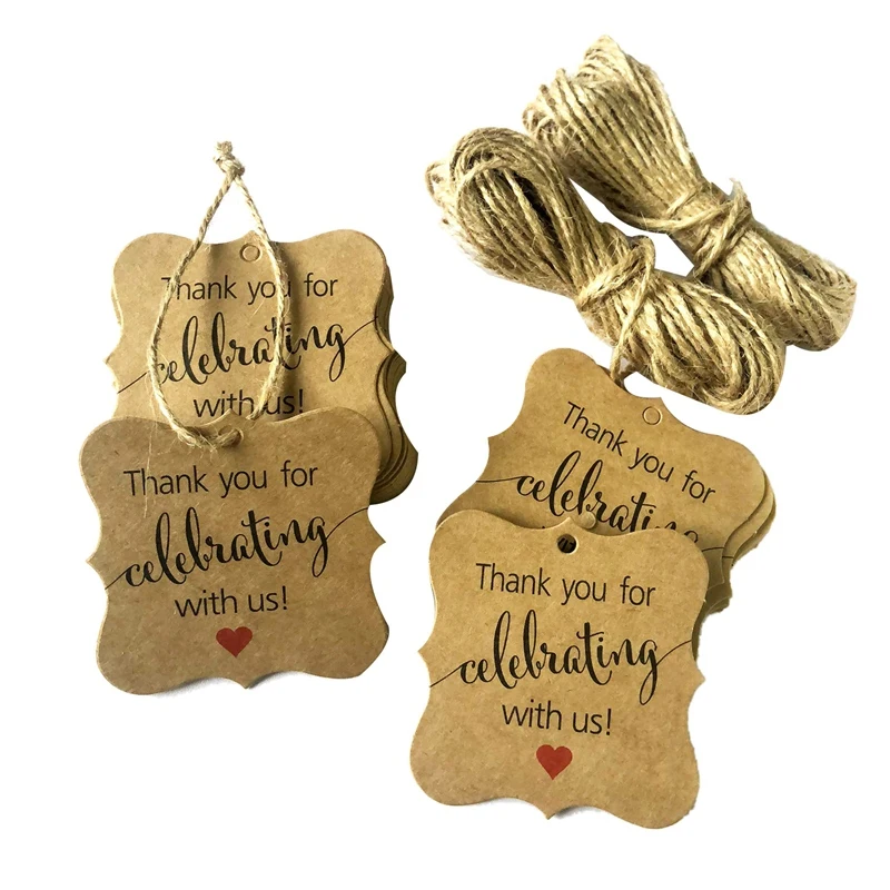 100 Pcs Thank You for Celebrating with Us Tags Kraft Paper Gift Wrap Tags with Natural Jute Twine for Baby Shower,Christmas,Wedd
