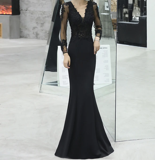 SSYFashion, новинка, банкетное элегантное бордовое вечернее платье русалки, сексуальное, тонкое, с длинным рукавом, с кружевной аппликацией, длинное, официальное платье Vestidos - Цвет: Черный