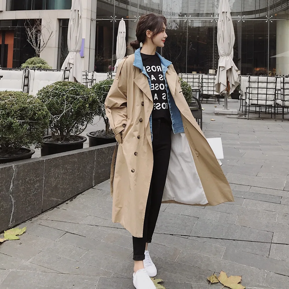 

Photo Shoot 2019 Spring New Style Korean-style WOMEN'S Wear Retro CHIC-Style Mock Two-Piece Cowboy Joint Trench Coat Waist Huggi