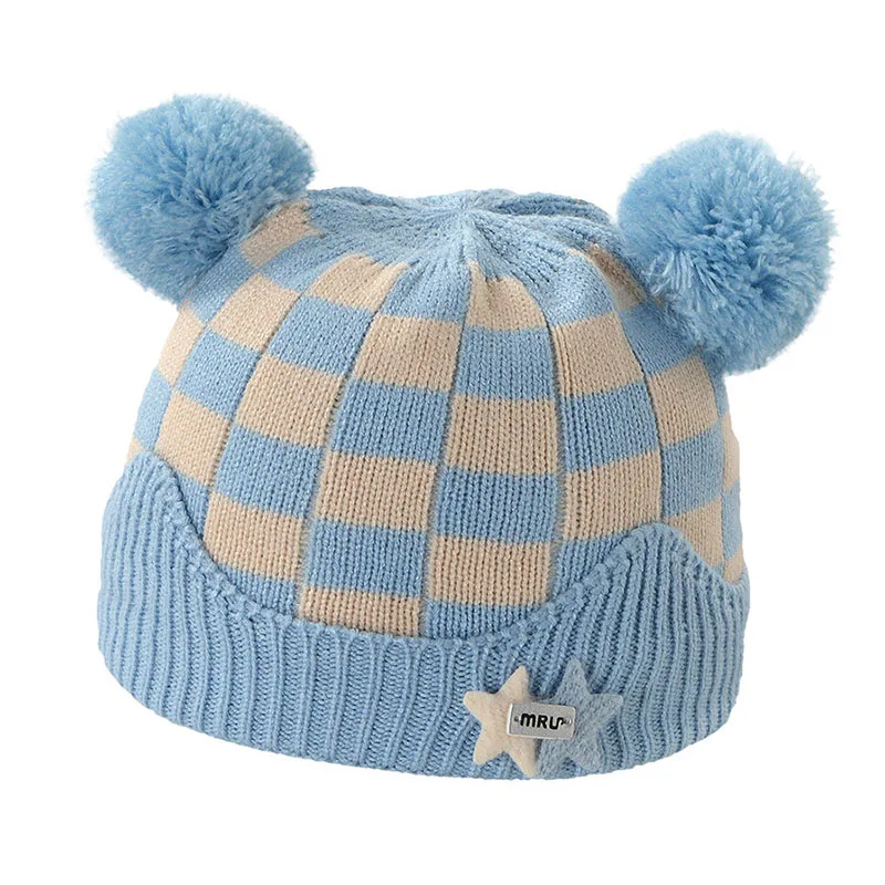 Blue Square Patchwork Baby Girls Boys Skull Hat Knitted Newborn Warm Tire Cap with Cotton Lining Winter Warm PomPom Hat Protect Head - Цвет: Blue
