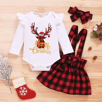 

Christmas Clothes Set For Toddler Girls Autumn Winter Romper+Strap Dress+Headband 3PCs Set For Baby Girls Cotton Clothes Suit
