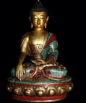 

China Antique Tibetan Buddhism old copper inlaid turquoise Sakyamuni Buddha
