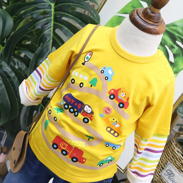 Childrenswear Spring New Style Cartoon Printed Mock Two-Piece Child Long-sleeved T-shirt Children Long Sleeve 18092