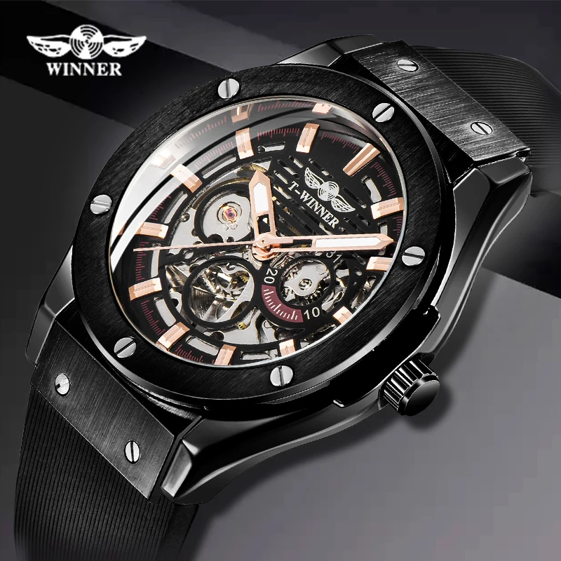 

WINNER Black Automatic Watch Men Mechanical Watches Vintage Retro Rubber Transparent Skeleton Watch Man Clock montre homme