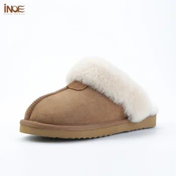 

INOE Sheepskin Suede Leather Natural Fur Lined Women Winter Slippers Home Shoes Indoor House Shoes for Woman Warm Half Slippers
