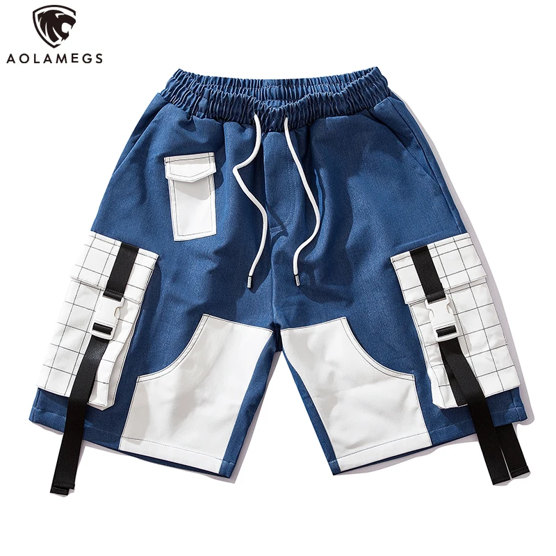 

Aolamegs Men's Shorts Color Block Patch Adjustable Ribbon Cargo Shorts Men Multi-Pockets Casual High Street Fashion Streetwear