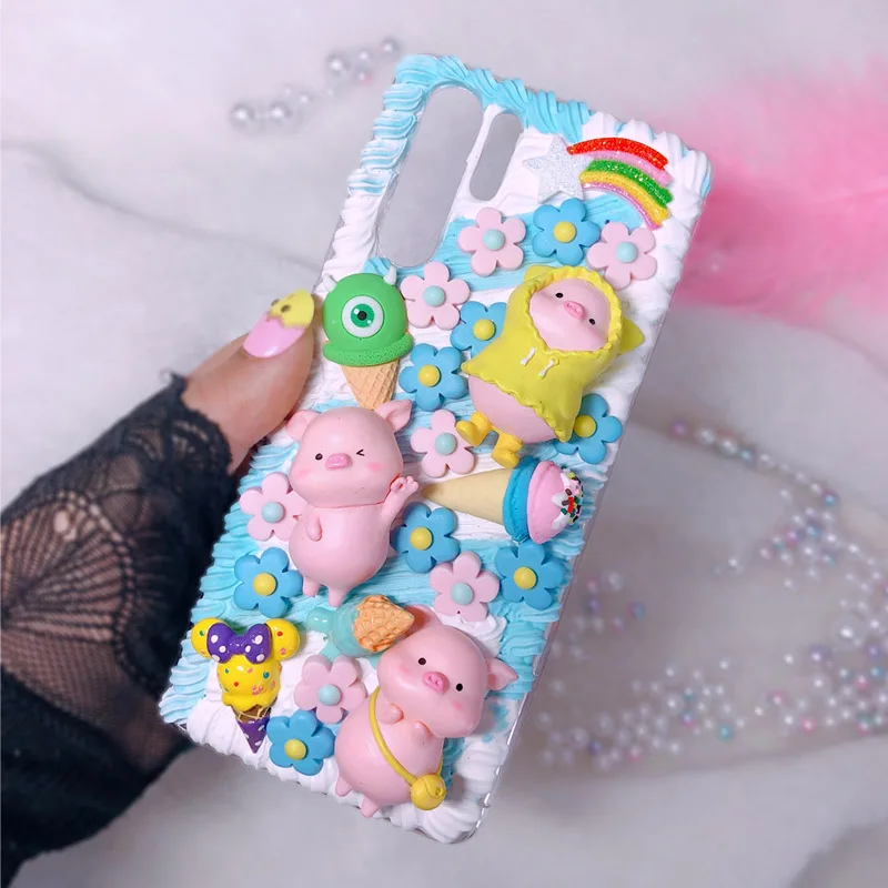 Для iPhone 11 pro max DIY чехол ip XR XS Max милый 3D поросенок чехол для телефона ip7/8 plus ручной работы кремовый чехол ip6/6s+ подарки для девочек ip X/XS - Цвет: white blue