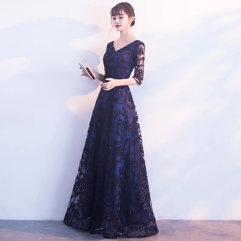 New 2019 Evening Dress Elegant Banquet Black Lace Half sleeve Floor-length Long Party Formal Gown plus size Robe De Soiree plus size formal dress