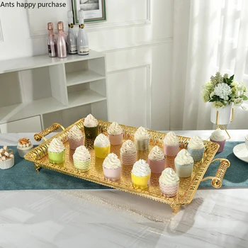 

European Style Metal Rectangular Tray with Handle Golden Silver Cake Fruit Plate Household Products Dessert Snack Storage Tray