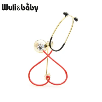 

Wuli&baby Rhinestone Red Heart Stethoscope Brooches Women Men Personality Hospital Doctor Brooch Pins