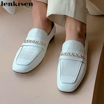 

Lenkisen genuine leather loafers slip on vintage style square toe women flats comfortable metal chain decoration brand shoes L12